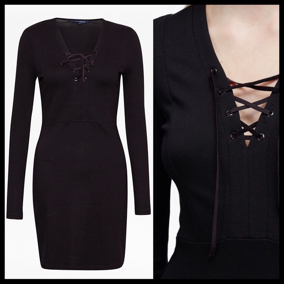 FRENCH CONNECTION BLACK LACE UP V-NECK KNIT MINI DRESS A3C - Picture 6 of 8